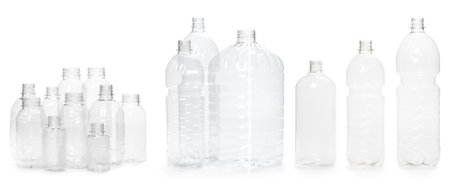 selection of quality photo collage of many different empty plastic bottles isolated on white background. production of new containersの写真素材