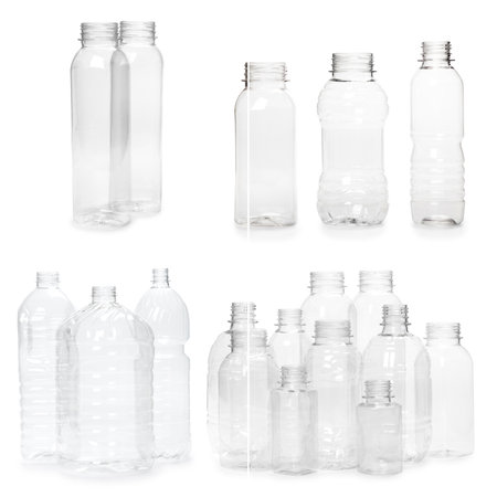 selection of quality photo collage of many different empty plastic bottles isolated on white background. production of new containersの写真素材