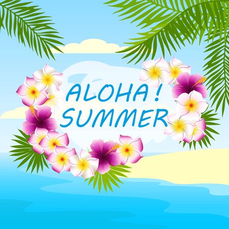 tropical background, card with inscription aloha summerのイラスト素材