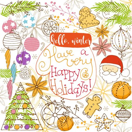 Happy holidays winter doodles on white background, vector illustration.のイラスト素材