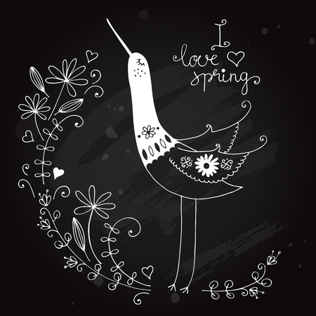 Decorative bird with floral frame on blackboard, Chalk style background.のイラスト素材
