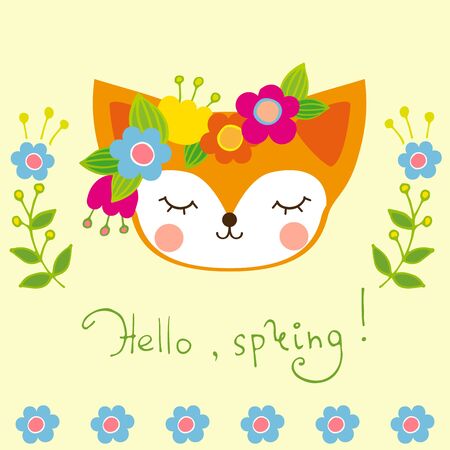 Spring abstract greeting card with cute foxのイラスト素材