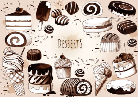 hand drawn desserts and sweets illustrationの写真素材