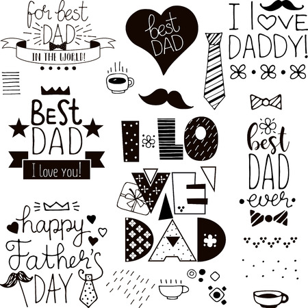 Happy fathers day doodles. Black and white vector illustrationのイラスト素材