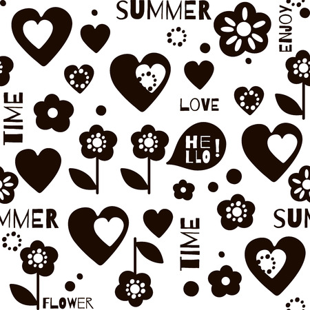 Summe abstract seamless pattern.Black and white design typography print with hearts and flowersのイラスト素材