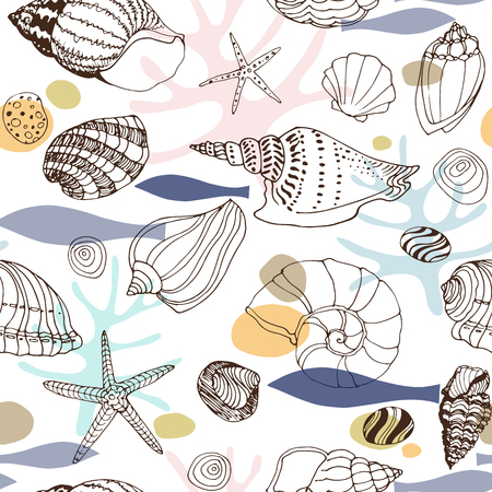 Marine abstract seamless pattern with hand drawn seashellsのイラスト素材