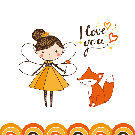 Little girl with fox vector illustration. Cartoon greeting cardのイラスト素材
