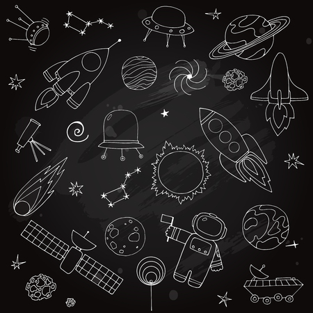 Hand sketched doodle space elements on blackboardのイラスト素材