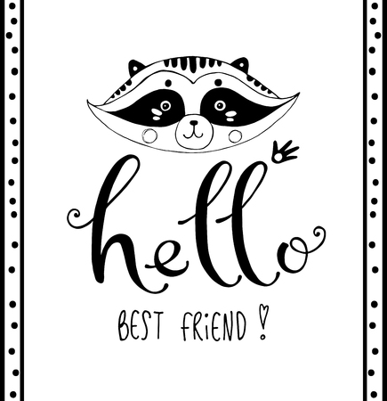 Greeting vector card with lettering and friendly raccoonのイラスト素材