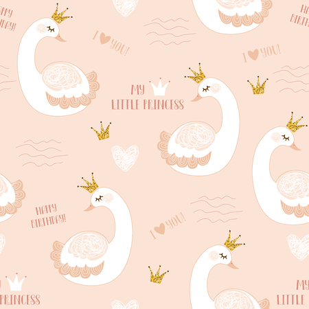 Little swan princess with crown vector illustration seamless patternのイラスト素材
