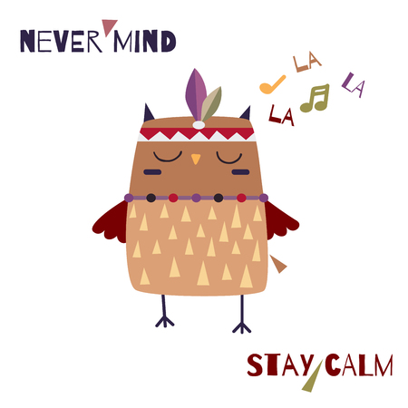 Decorative poster with tribal owl. Stay calm vector illustrationのイラスト素材