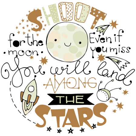 Doodle lettering with moon and space elementsのイラスト素材