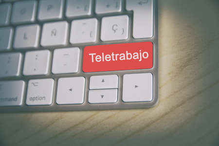 Teleworking concept. Technology. Keyboard with telework button. Concept for any illustration of...