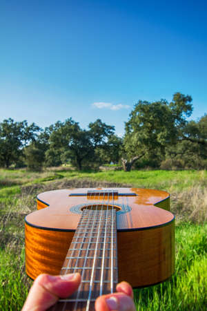 Creative Photography Of A Hand Holding A Spanish Guitar With Nature Background. Spanish Classical Guitar Exterior. Music And Natureの写真素材