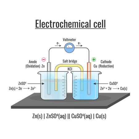 Electrochemical cell and Electrolysis process. Electrochemical cell or Galvanic cell. The Daniell cell is a primary voltaic cell with a copper anode and a zinc cathode.のイラスト素材