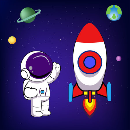 Cute Astronaut Riding Rocket Cartoon Vector Icon Illustration.Cartoon space set of astronaut, rocket and planets. Astronaut floating in the space.のイラスト素材