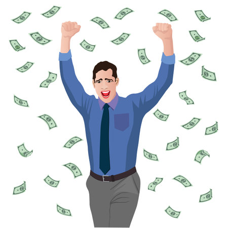 Happy businessman celebrates success standing under money rain banknotes cash falling. Concept of success, achievement, finance, investment, economy. happy young man in a rain of money.のイラスト素材