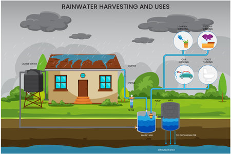Rainwater harvesting collects and stores rainwater for various uses like irrigation, flushing, and domestic purposes, promoting water conservation.のイラスト素材