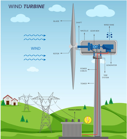 A wind turbine harnesses wind energy to generate electricity, using the kinetic energy of moving air to turn a generator.のイラスト素材