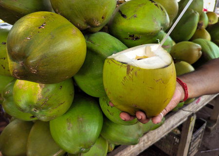 Green fresh coconut ready for drinking, rich in natural electrolytes and perfect for tropical themes, hydration, summer concepts, and healthy lifestyle visualsの写真素材