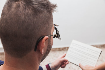 A patient at an optician follows the instructions of an optometrist to read a reading letter during a vision graduationの写真素材