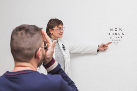 An optician patient follows the instructions of an optometrist to read the letters on an optotype during his vision graduation.の写真素材