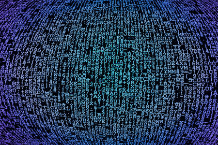 Abstract background with many random bluish colored characters. Letters and numbers are deformed, in the center they are lighter and towards the edges they are darker and blurred.の写真素材