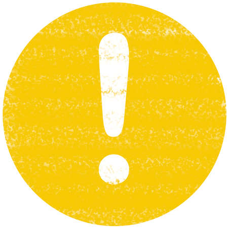 Illustration of a white exclamation mark inside a yellow circle representing a warning sign. The color stroke imitates brushstrokes.の写真素材