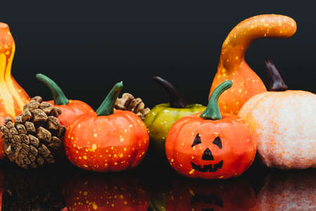 Several pumpkins of different types, shapes and colors, one of them a Halloween pumpkin, on a black reflective surface, among which there are a couple of pine cones. The background is dark.の写真素材