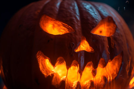 Generative AI illustration of closeup of spooky Halloween pumpkin of Jack o Lantern with burning carved elements in darknessの素材