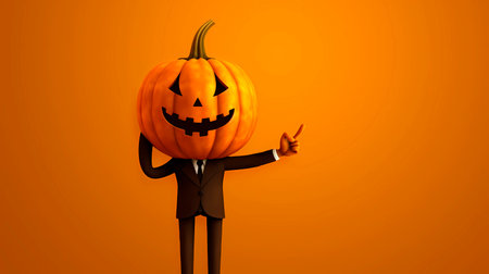 Generative AI illustration of funny man in black costume with pumpkin on head and carved face pointing away on orange background representing Halloween conceptの素材