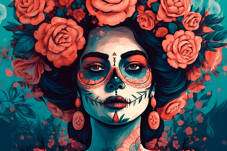 Generative AI illustration of creative art of woman with colorful makeup on face and red flowers in hair looking at cameraの素材
