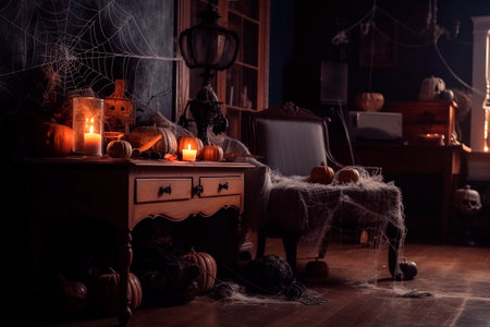 AI generated illustration of armchair placed near table with burning candles and cobweb in dark room with pumpkins in different placesの素材