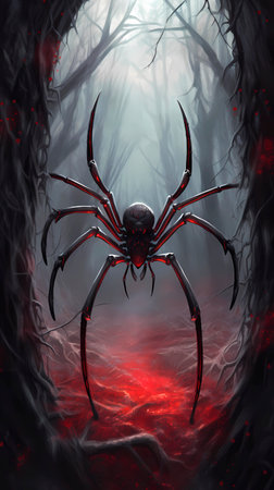 Generative AI illustration of dangerous black spider with thin legs crawling between dark trees in Halloween timeの素材