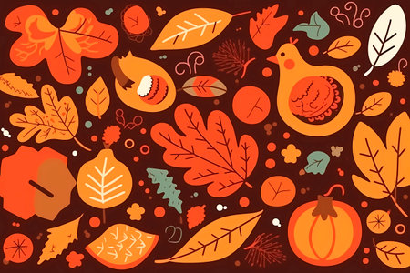 Generative AI illustration of creative abstract backdrop with colorful autumn tree leaves placed near pumpkin and chickenの素材