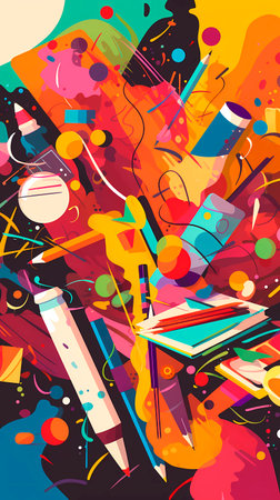 Generative AI illustration of abstract background with stationary among colorful paint splashes and circlesの素材