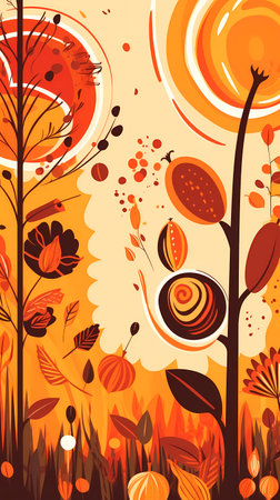 Generative AI illustration of colorful background of autumn forest with leaves falling from treesの素材