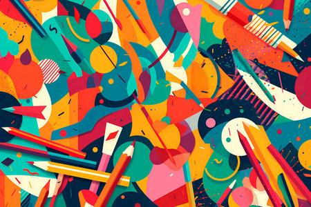 Generative AI illustration of colorful pencils placed on abstract background with various multicolored lines and circlesの素材