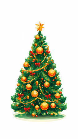 Green christmas tree decorated with red and golden balls, garlands and laces. A star is top. Generative AI.の素材