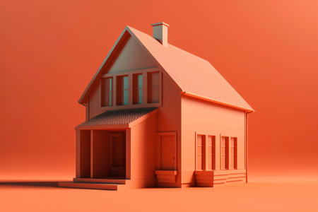 Generative AI illustration of exterior facade of small model house with rooftop and chimney against orange backgroundの素材
