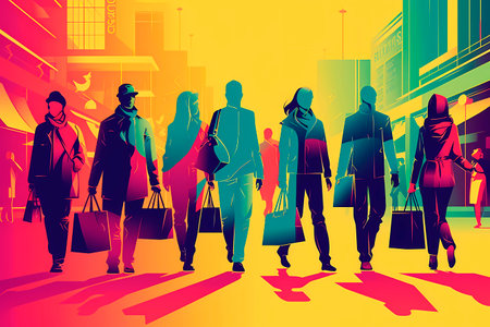 Generative AI abstract illustration of several people walking on a city street carrying shopping bags.の素材