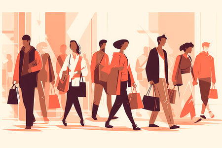 Generative AI illustration of many people walking and carrying shopping bags. palette of shades of red.の素材