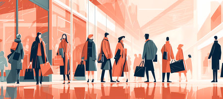 Generative AI illustration of many people walking at a shopping mall. palette of shades of red and blue.の素材