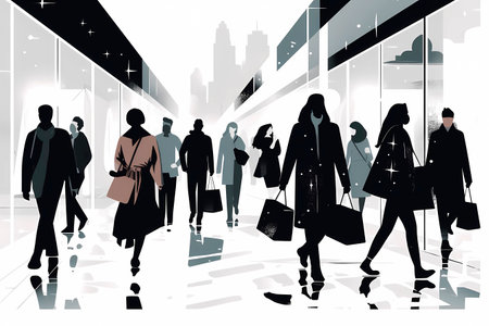 Several people walking and carrying shopping bags in a shopping mall in a city. Generative AI.の素材