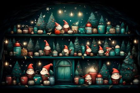 Generative AI illustration of Christmas celebration with lamps toys of dwarf sized Santa Claus gnomes coniferous trees gifts placed in rows of shelves with wooden locked door against dark backgroundの素材