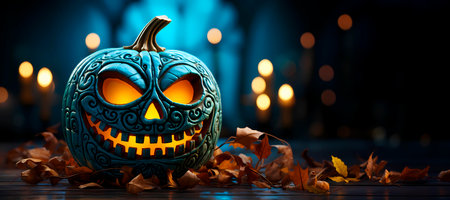 Generative AI illustration of Jack lantern in burning carved blue creepy decorated pumpkin placed on pile of autumn leaves over illuminated blurred dark blue backgroundの素材