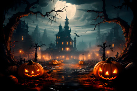 Generative AI illustration of sets of lighted Jack lantern orange pumpkins on rustic ground by retro witch house with leafless trees under cloudy moonlight skyの素材