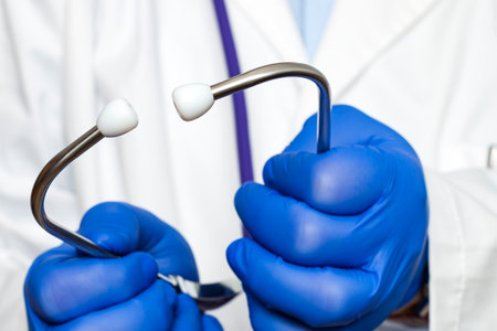 Extreme close-up of an unrecognizable doctor's hands wearing blue gloves holding earpieces of a stethoscope.の写真素材