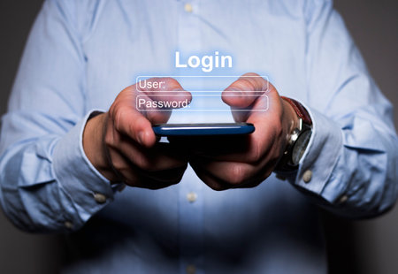 Close-up of unrecognizable caucasian man's hands holding a mobile phone while it can see a virtual log in form to type user and password.の写真素材