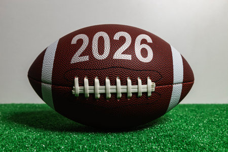 Football with the number 2026 on it. The football is on a green field